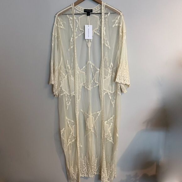 Stylestalker Long Embroidered Lace Bohemian Cardigan Kimono Cover Up Ivory - Picture 1 of 9